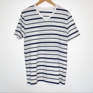 White and Navy Striped V-neck T-shirt